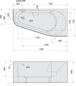 Polysan PROJEKTA R MONOLITH asymetrická stojící vana 156x77x60cm, bílá/černá 21111MB