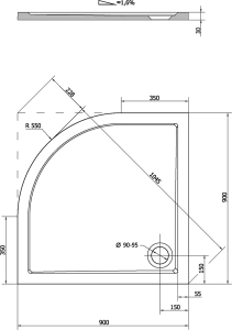 Polysan SERA sprchová vanička z litého mramoru, čtvrtkruh 90x90cm, R550, bílá 41511