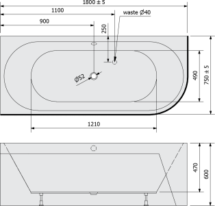 Polysan VIVA L MONOLITH asymetrická vana 180x75x60cm, bílá/černá 72099MB