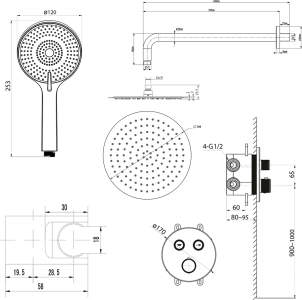 Sapho SMART SELECT podomítkový sprchový set s termostatickou baterií, 2 výstupy, vyústění, chrom RP032-01