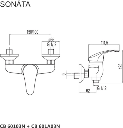 Mereo Sprchová nástěnná baterie, Sonáta, 150 mm, bez příslušenství, chrom CB60103N