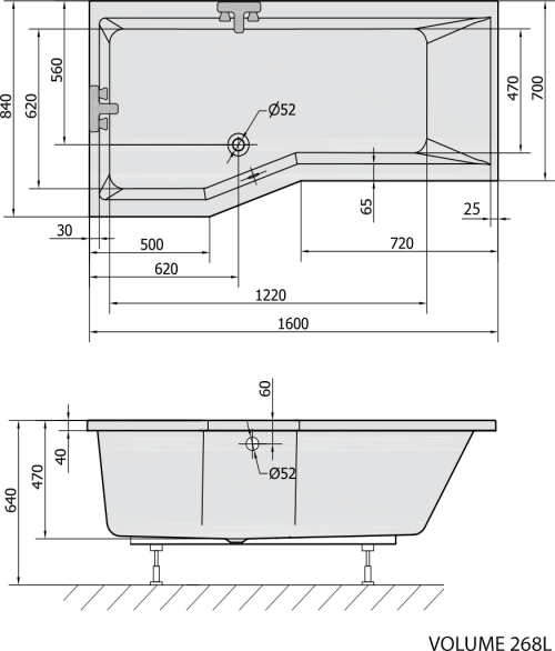 Polysan VERSYS L asymetrická vana 160x84x70x47cm, bílá 14611