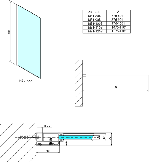 Polysan MODULAR SHOWER BLACK jednodílná zástěna pevná k instalaci na zeď, 1000 mm MS1-100B