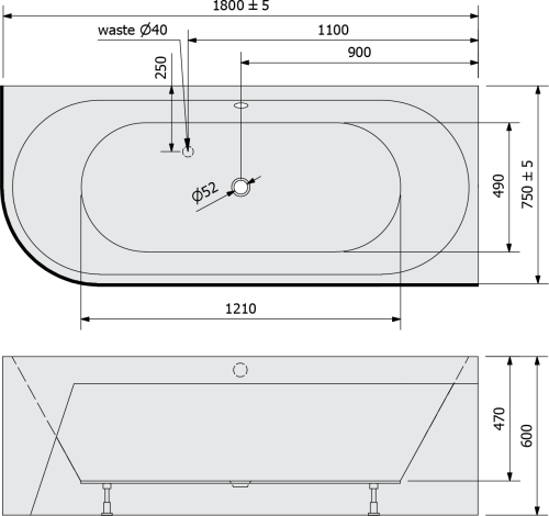 Polysan VIVA R MONOLITH asymetrická vana 180x75x60cm, bílá 72129M