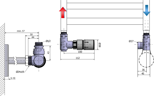 Sapho CORNER COMBI připojovací sada ventilů termostatická triaxiální, levé provedení, chrom CP3021S