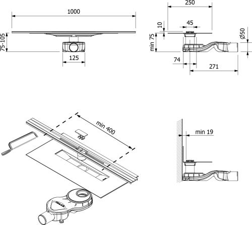 Polysan SLIM RIVER nerezový podlahový žlab s roštem, L-400-1000, DN50 RV100