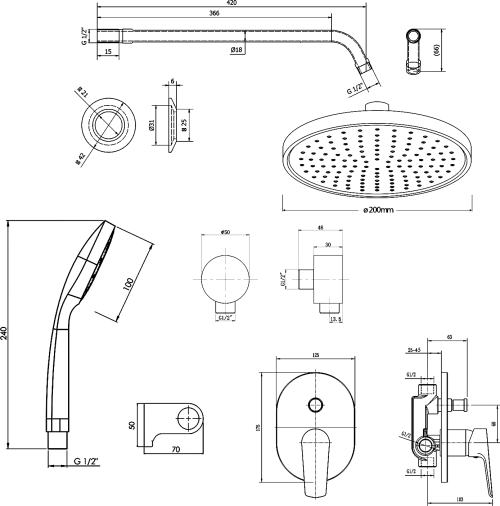 Aqualine LOTTA podomítkový sprchový set s pákovou baterií, 2 výstupy, chrom LT743