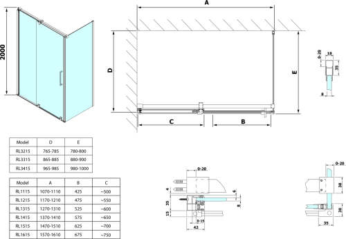 Polysan ROLLS obdélníkový sprchový kout 1100x1000 mm, L/P varianta, čiré sklo RL1115RL3415