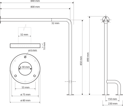 Sapho HANDICAP opěrné madlo LEVÉ 800x850mm, nerez lesk XH526