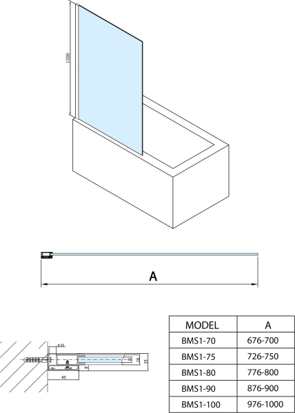 Polysan MODULAR SHOWER vanová zástěna 900x1500mm, čiré sklo BMS1-90