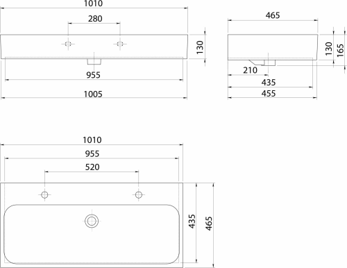 Sapho TORIDI keramické umyvadlo 101x46, 5cm, 2 otvory pro baterii, černá mat TU0222B