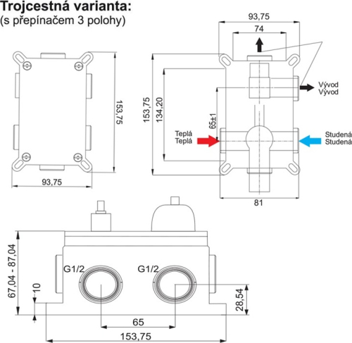 Mereo Sprchová podomítková baterie s trojcestným přepínačem, Mada, Mbox, kulatý kryt, chrom CBQ60157MA