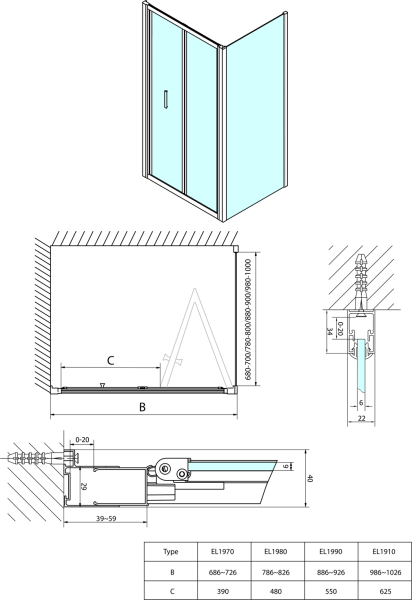 Polysan EASY čtvercový sprchový kout 700x700mm, skládací dveře, L/P varianta, čiré sklo EL1970EL3115