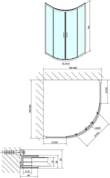 Polysan EASY čtvrtkruhová sprchová zástěna 800x800mm, L/R, čiré sklo EL2515