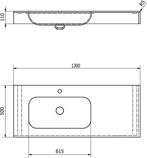 Sapho EMICO umyvadlo, Rockstone, 130x50cm, límec L, levé, bílá mat EM130-B1L-L