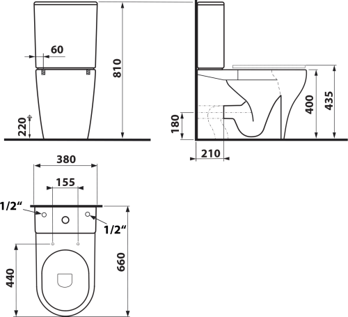 Sapho BELLO WC kombi, Rimless, spodní/zadní odpad, bílá PC103WR